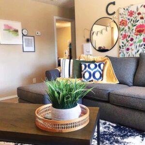 Alamo Apartment C stylish living room with sofa and colorful prints