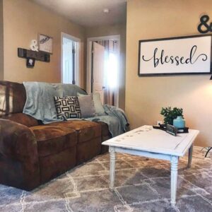 Alamo Apartment D living area with brown suede sofa and farm style coffee table