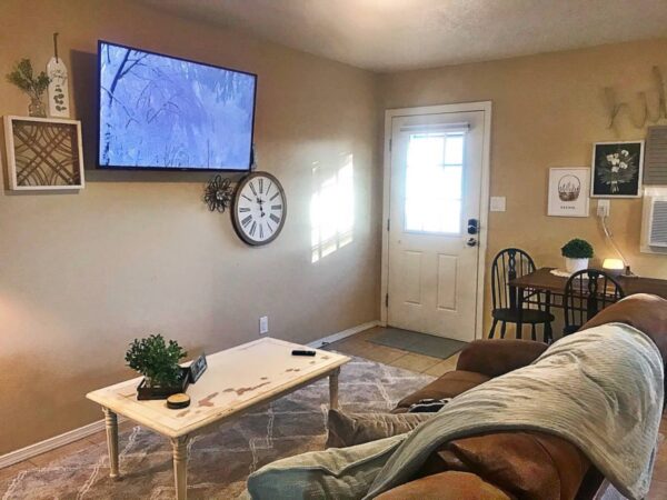 Alamo Apartment D Living room with television coffee tale and clock